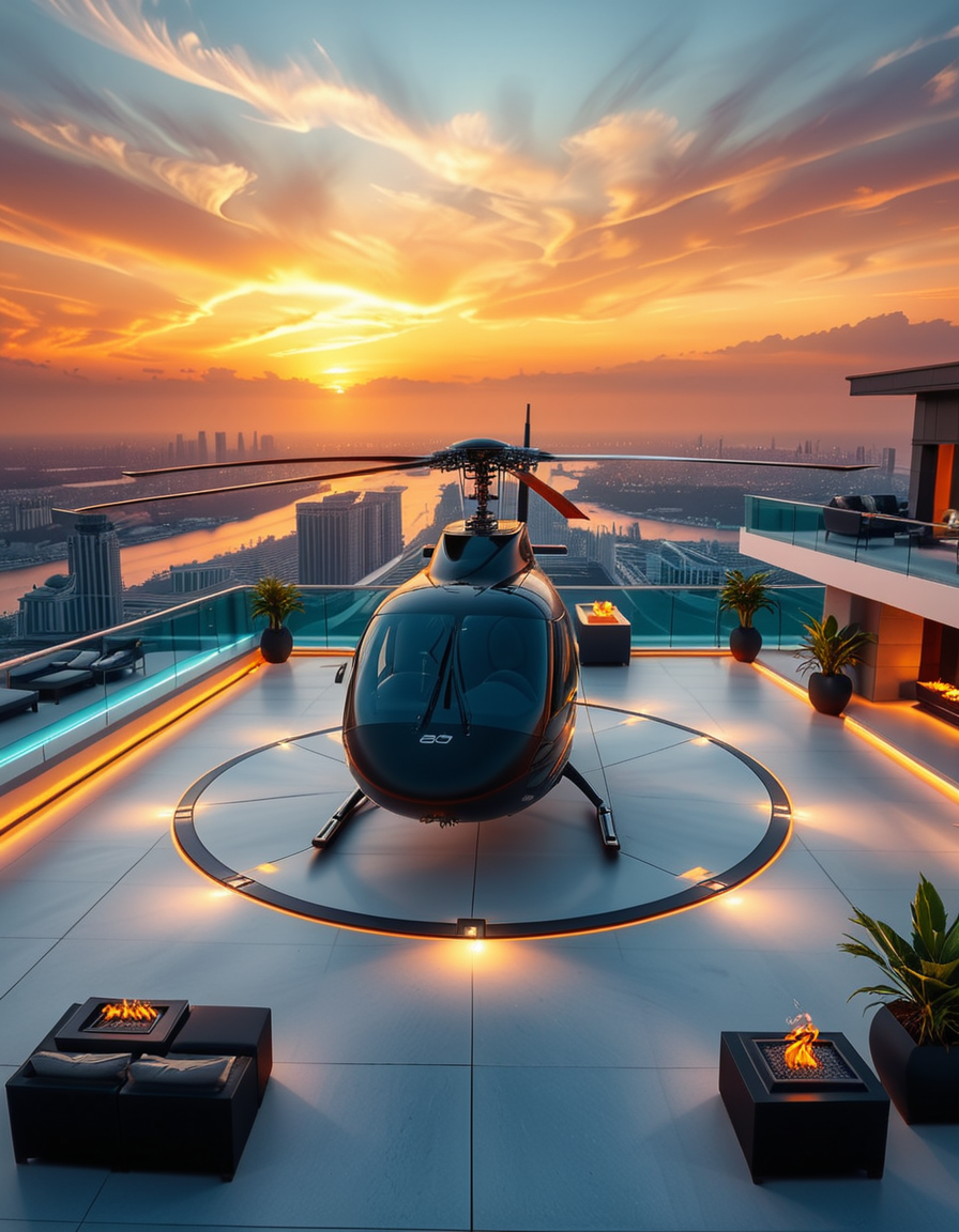 A high-resolution photo of a luxurious rooftop of a five-star hotel at sunset, featuring a sleek helipad with a high-end, matte-black private helicopter elegantly parked. The rooftop is designed with ultra-modern architecture, featuring a spacious terrace with infinity-edge glass railings, ambient lighting, and a panoramic city skyline in the background. The surface of the helipad is clean, polished concrete with clear illuminated markings. Surrounding the helipad, there are lounge areas with modern outdoor furniture, minimalist fire pits, and decorative planters with tropical greenery. The lighting is warm and golden, casting soft shadows and highlighting the contours of the helicopter and the textures of the rooftop. The sky is dramatic, painted with hues of orange, pink, and violet, creating a cinematic atmosphere of luxury and exclusivity. The overall mood is elite, calm, and aspirational, showcasing the ultimate in urban luxury lifestyle.
<lora:SDXLFaeTastic2400:0.4> <lora:extremely_detailed:0.4> extremely detailed, <lora:helipad_r00ft0p:1>,helipad r00ft0p, Masterpiece,best quality,hi res,8k,hi res,8k,award winning,(sharp focus, intricate, highly detailed),