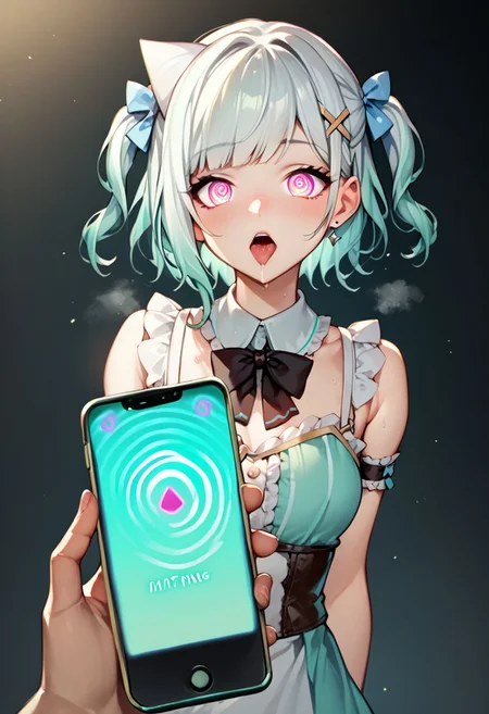 score_9, score_8_up, score_7_up, score_6_up, score_5_up, score_4_up,mint fantome \(frilly\),hypnosis, mind control app,eye symbol,phone