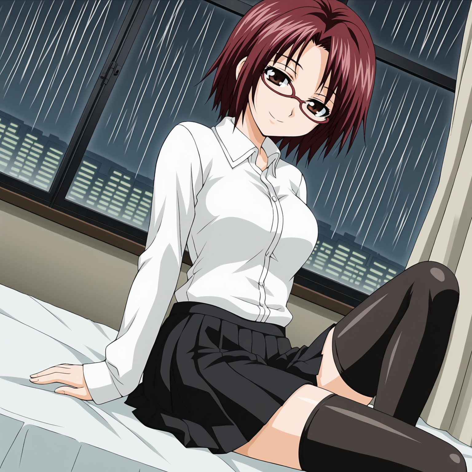 <lora:Tomoe - Accelerando-000006:1>, 1girl, solo, SchoolT0moe, glasses, short hair, red hair, brown eyes,white shirt, black skirt, pleated skirt, black thighhighs, sitting, on bed, dutch angle, looking at viewer, smile, bedroom, window, rain, night, cityscape, leaning back, arm support,
