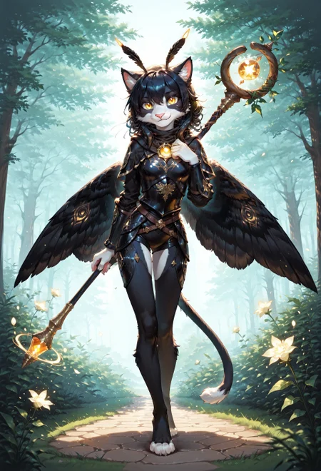 score_9, score_8_up, score_7_up, (solo), sfw, ITMStyle
BREAK 1girl, Ember (ESO) as moth, anthro, feline, black and white fur, black hair, slim, black armor, yellow eyes, full body, wings, antennae, smile, looking at viewer, shy pose, (wizard's staff on the back:1.2)
BREAK portrait, extremely detailed, cinematic soft lighting, magic forest in the background, glowing flowers, sharp focus, extremely detailed, high detail, friendly atmosphere, magic theme, (dynamic pose, dynamic angle)
BREAK detailed eyes, detailed hair, depth of field, detailed fluffy fur, photorealistic details