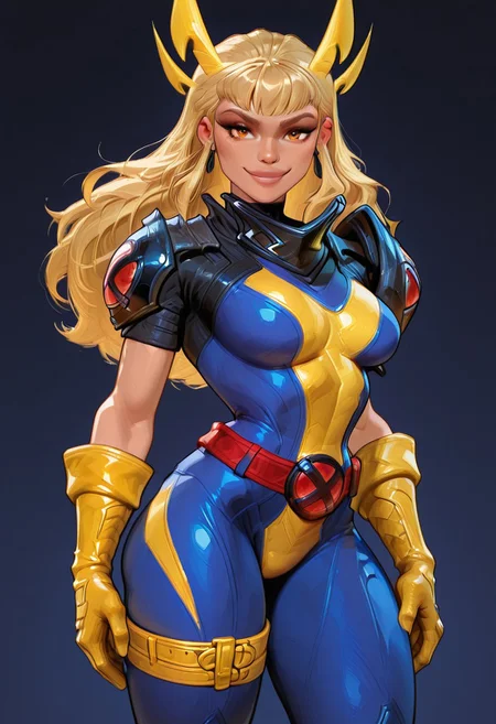 score_9, score_8, 1girl, masterpiece, standing, beautiful face, strong jaw, cute face,  smiling,  Magik, Retro XMen Uniform, blue uniform with yellow elements, yellow headwear, blonde hair, long hair, orange eyes, black pauldron, red belt, yellow gloves, yellow boots, yellow leg belt, Illyanna Rasputin, marvel rivals,