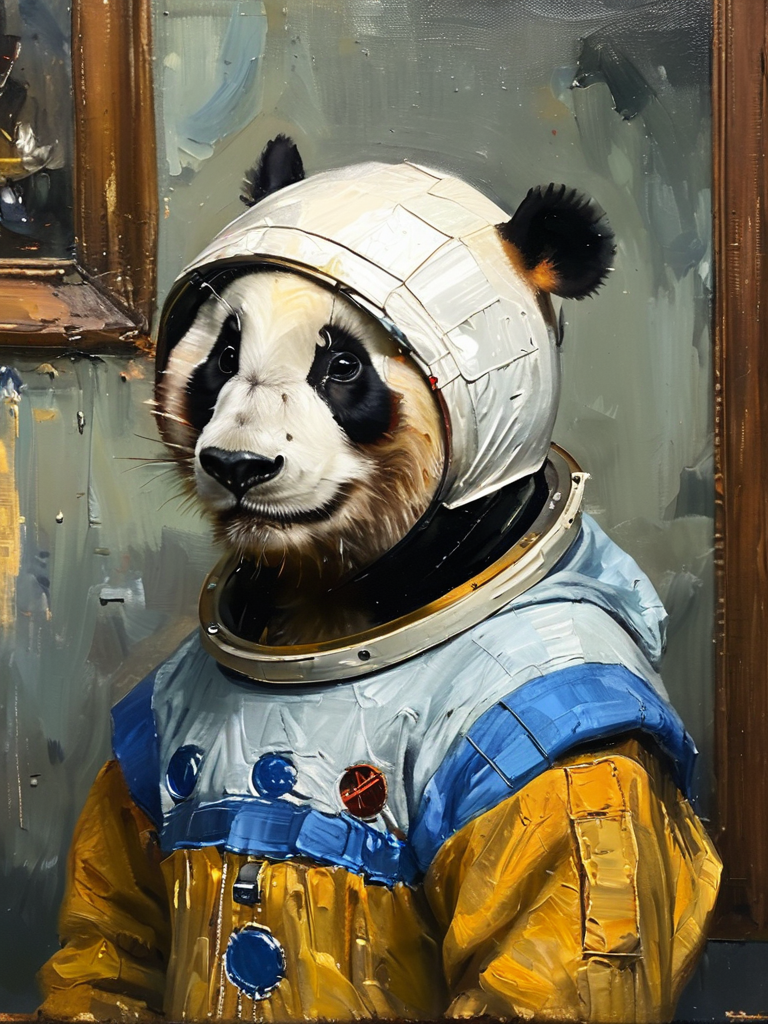 masterpiece,best quality,<lora:tbh122-sdxl:0.9>,portrait of panda astronaut,oil painting,style of Jan Vermeer,