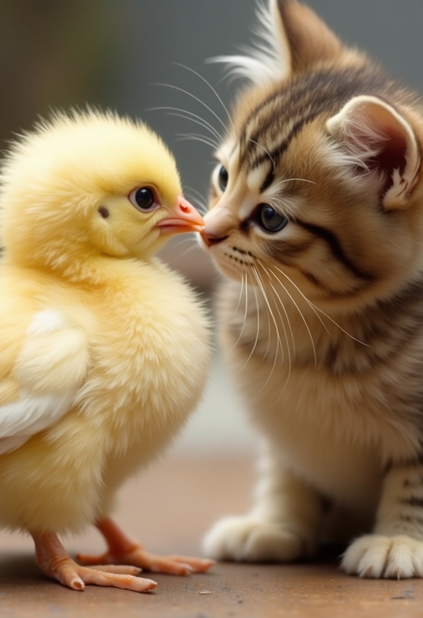 A fluffy yellow baby chick, a cute fluffy kitten soflty patting the baby chick's head with a paw in curiosity