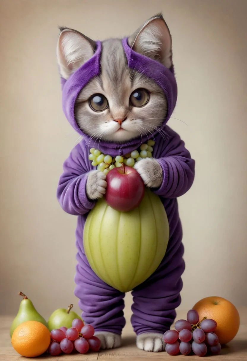 An award winning photo , a cute little baby cat,sitting around in a grape costume, (fruit) , (((cuteness overload))) <lora:add-detail-xl:1>, <lora:WowifierXL-V2:1>, zhibi