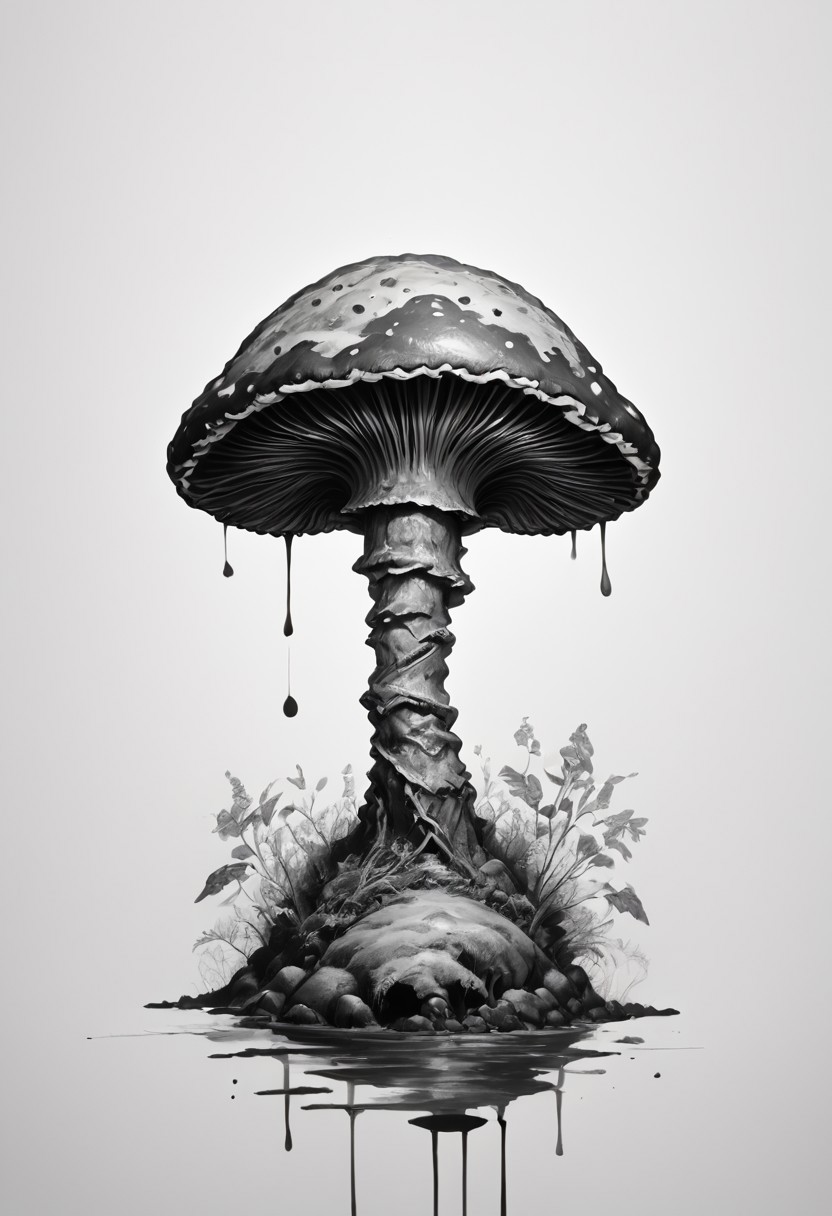 core_9, score_8_up, score_7_up, score_6_up, 
 intricate mushroom colony growing on an old decaying log, tiny miniature medieval style village beneath the mushrooms , monochrome, greyscale, minimalistic, white background, no humans, nature, traditional media, ink, solo, botanical.
ink-painting, ink wash,, ink wash painting,, white background,