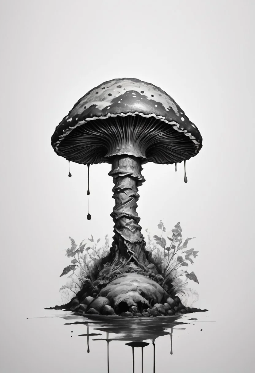 core_9, score_8_up, score_7_up, score_6_up,
intricate mushroom colony growing on an old decaying log, tiny miniature medieval style village beneath the mushrooms , monochrome, greyscale, minimalistic, white background, no humans, nature, traditional media, ink, solo, botanical.
ink-painting, ink wash,, ink wash painting,, white background,
