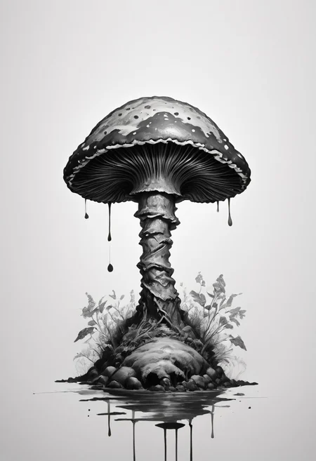 core_9, score_8_up, score_7_up, score_6_up,
intricate mushroom colony growing on an old decaying log, tiny miniature medieval style village beneath the mushrooms , monochrome, greyscale, minimalistic, white background, no humans, nature, traditional media, ink, solo, botanical.
ink-painting, ink wash,, ink wash painting,, white background,