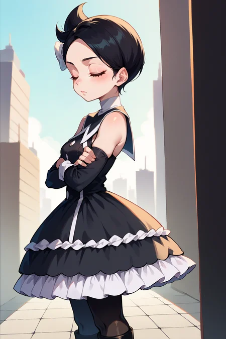 score_9, score_8_up, score_7_up, score_6_up, source_anime, 1girl, solo, <lora:pkmnmarley-pdxl-nvwls-v1-000006:1> pmMly, black hair, short hair, hair bow, white bow, black dress, clothing cutout, frilled dress, sleeveless, detached sleeves, black pantyhose, black boots, from side, crossed arms, looking at you, blush, closed eyes, medium breasts, city