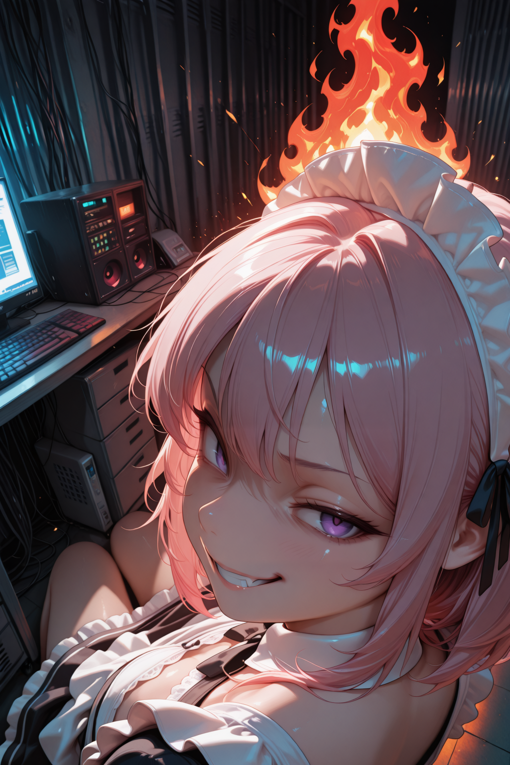 embedding:lazypos, solo, 1girl, CivChan, pink hair, purple eyes, maid outfit, looking back, server room, computers, servers on fire, computer on fire, floor on fire, evil grin, dark room, headshot, flames erupting from the servers next to her,surrounded by flames <lora:CivChan:1> <lora:TrendCraft_The_Peoples_Style_Detailer-v1.0A-3_13_2025-illustrious:0.2>