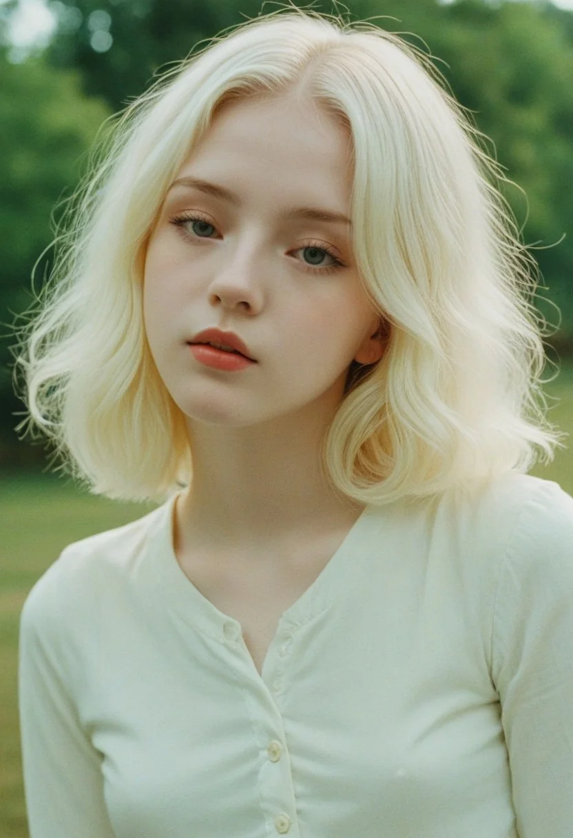 A vibrant photo, uwu-style, 25yo egirl. Candid moment. luna in the style of uwu ethots, graceful, sleepy woman, very pretty, movie-like, natural light, very pretty, dramatic composition, contrasting colors, off-center, focus on subject, 50mp, high megapixels, intimate, emotional, realistic natural skin, albino, cinema color grading, detailed background, retro analog, 1967, instagram photo, photo of a 24 y.o woman, fair skin, wearing top with low neckline, outdoor