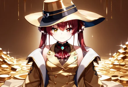 score_9, score_8_up, score_7_up, super aesthetic, rating:safe, rating:general, DeaverStyle, 1girl, solo, aua, red eyes, yellow eyes, heterochromia,  gold clothing, gold hat, fully-clothed, gloves, big coat, illustration, gold, cute, shiny skin, vivid colors, treasure room, gold treasure,