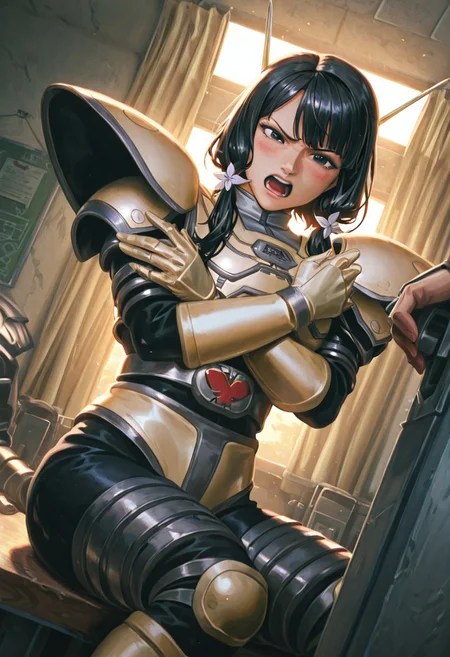 1girl, (solo), black hair, hair ornament, sidelocks, curtain bangs, black eyes, A9eha, bodysuit, armor, breast, shoulder pad, gloves, belt, boots, knee pad, A9eh shorts, detailed hair, detailed face, detailed facial features, (detailed eyes:1.2), detailed body, looking at viewer, blush, angry, open mouth, angry vein, crossed arms, sitting,
indoors, classroom, soft light, high quality, , ,
BREAK score_9, score_8_up, score_7_up, (masterpiece, best quality, amazing quality, very aesthetic, absurdres, newest, HDR, high contrast, 8K, very awa:1.4), perfect anatomy, official style, (ultra-detailed), ((extremely detailed)), (high resolution), ((outlined vector graphics)), perfect lighting, anime coloring, detailed background, intricate details, scenery, Smooth Quality - Illustrious, illustration, vibrant colors, cinematic lighting, high-tech accessories, futuristic vibes, female focus, solo focus, dynamic angle, cinematic angle, dutch angle, perfect anatomy hands, perfect anatomy fingers, (detailed hands:1.2), <lora:spo_sdxl_10ep_4k-data_lora_webui:1.5>, <lora:illustrious_quality_modifiers_masterpieces_v1:1>, <lora:offset_0.2:0.3>, <lora:noobaiXLNAIXL_epsilonPred11Version-lora:0.1>, <lora:hand 5.5:1>