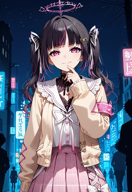 1girl, solo, solo focus, highres, absurdres, Rie1st, long hair, bangs, twintails, black hair, ribbon, hair ornament, multicolored hair, hair ribbon, pink hair, pink eyes, streaked hair, two-tone hair, hairclip, halo, blunt bangs,

plaid skirt, frills, sailor collar, pink skirt, white shirt, armband, white ribbon, clothing cutout, cardigan, jacket, long sleeves, sleeves past wrists,

looking at viewer, head tilt, hand up, evil smile, closed mouth, hand to own mouth,
 
city, street, neon lights, night, night sky, backlighting, silhouette,