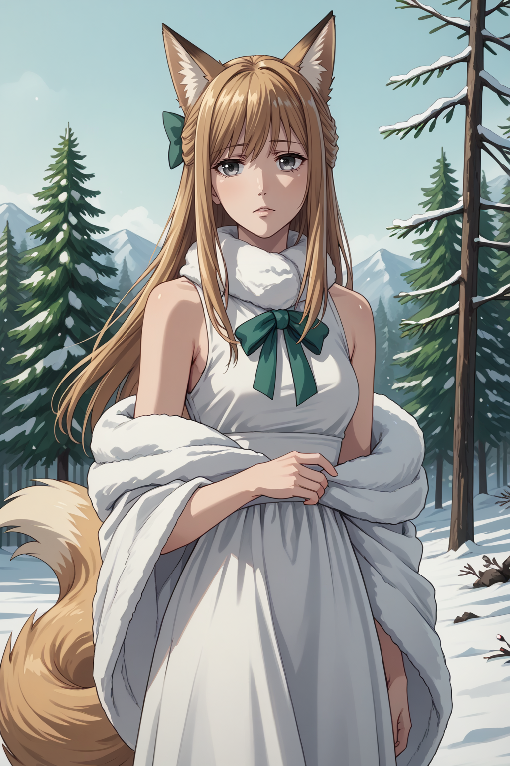 score_9, score_8_up, <lora:NSRitsuFrusket:0.85> NSRitsuFrusket, grey eyes, medium hair, half updo, green hair ribbon, light brown hair, fox ears, fox tail, fluffy collar, sleeveless, white dress, fluffy shawl, snow, outdoors, cowboy shot