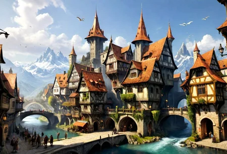 something with fantasy and D&D style, places and streets, regions and cities, special buildings, working people, animals, ultra high quality