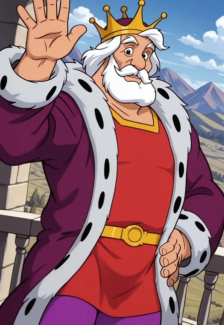 masterpiece, best quality, amazing quality, KingGregor, medium hair, white hair, black eyes, beard, mustache, mature male, muscular, fat, crown, dark-purple robe, fur trim, red tunic, gold belt, violet leggings, waving, looking at viewer, smile, dynamic pose, detailed background, dutch angle, upper body, cowboy shot, balcony, blue sky, fantasy kingdom, mountain range, clouds, one hand on hip,