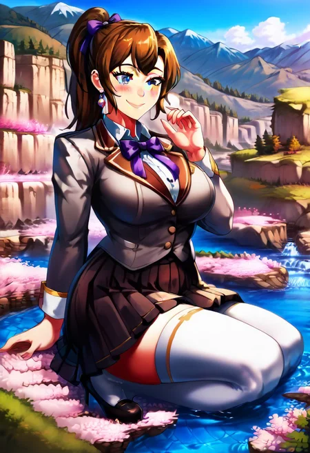 score_9, score_8_up, score_9_up, masterpiece, high quality, highly detailed, clean face, 1woman, 1girl, solo, shiny skin, soft focus, ray tracing, (ultradetailed background), (detailed face:1.2), ultradetailed face, mother_sv, brown hair, ponytail, skirt, shirt, thighhighs, long sleeves, bow, ribbon, cute, eyelashes, school uniform, jacket, hair ribbon, white shirt, pleated skirt, collared shirt, miniskirt, bowtie, black skirt, white thighhighs, lavender ribbon,blazer, white jacket, lavender bowtie, grey jacket, black heels shoes, no chibi, f<lora:(p)NiceNature:1> <lora:loraeyesxl:0.5>, larger than mountains, towering over mountains, bigger than mountains, taller than mountains, big breasts, giantess full body shots, giantess, giant, goddess, divine goddess, size difference, confident, slight smile, closed mouth, blushing, long legs, extremely beautiful, sexy, scenery, holding a city, scared tiny people, cherry blossom forest background, mountain valley landscape, cherry blossom forest, blue sky, mountains, fantasy, landscape, <lora:giantess:1>, sitting on ass, forest, lake of water, giga giantess, gts, cliff, giantess sitting on mountain cliff, water ripples, looking down, positioned at a the right side, gorgeous lips, cinematic, (masterpiece), (best quality), (ultra-detailed), very aesthetic, perfect composition, intricate details, absurdres, detailed face, (anime, masterpiece, intricate:1.3), (best quality, hires textures, high detail:1.2),