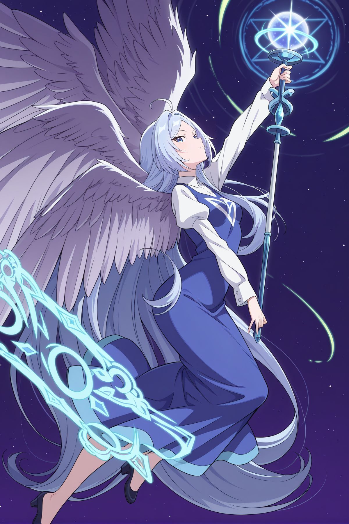 absurdres, highres, masterpiece, best quality, amazing quality, official anime artwork, screencap, anime screencap, looking at viewer, night, space, flying, 
 <lora:Sariel_Illustrious:1> sariel, 1girl, solo, blue eyes, blue hair, absurdly long hair, parted bangs, ahoge, small breasts, angel wings, multiple wings,, blue dress, long dress, white shirt, collared shirt, white sleeves, puffy long sleeves, wide sleeves, scepter,
spark, serious, dynamic pose, floatin hair, magic circle, danmaku,