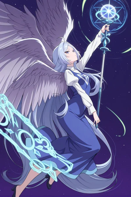 absurdres, highres, masterpiece, best quality, amazing quality, official anime artwork, screencap, anime screencap, looking at viewer, night, space, flying, 
 <lora:Sariel_Illustrious:1> sariel, 1girl, solo, blue eyes, blue hair, absurdly long hair, parted bangs, ahoge, small breasts, angel wings, multiple wings,, blue dress, long dress, white shirt, collared shirt, white sleeves, puffy long sleeves, wide sleeves, scepter,
spark, serious, dynamic pose, floatin hair, magic circle, danmaku,