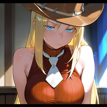 masterpiece, best quality, amazing quality, very aesthetic, absurdres, newest, volumetric lighting,
souleaterstyle,,elisabeth,
,1girl,solo,long hair,blue eyes,blonde hair,hat,bare shoulders,white necktie,letterboxed,sleeveless turtleneck,red clothes,cowboy hat,
,masterpiece, best quality, amazing quality, very aesthetic, absurdres, newest, volumetric lighting,
, <lora:soul_eater_illustrious:0.8>,