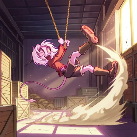 score_9, score_8_up, score_7_up,namah_calah,
1girl,solo,furry,tail, source_furry,horns,
,<lora:namah_calah_illustrious:0.8>,
child, kid,
girl, rope, swinging, warehouse, shorts, shirt, boots, sunlight, beams, dust, laughing, crates, motion_blur, industrial_tones
Note: She’s swinging on a thick rope in an old warehouse, shorts and shirt flapping, boots kicking as she laughs, sunlight streaming through beams onto dusty crates below.