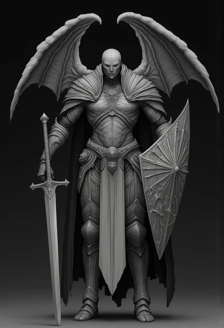 MikeFranchinastyle, d4artstyle, d4concept, , bbstyle,, horror theme,, zbrush, ZBClay model of a gray sculpture, 1990's, 1990's style
Set against a solid dark color background to emphasize its unsettling unnatural form that emphasizes its silhouette. The medium is not a traditional painting or illustrative medium like watercolor or ink but rather a digital 3D rendering.
A feathered knight with a cape, holding a templar shield, and a gladiator sword
