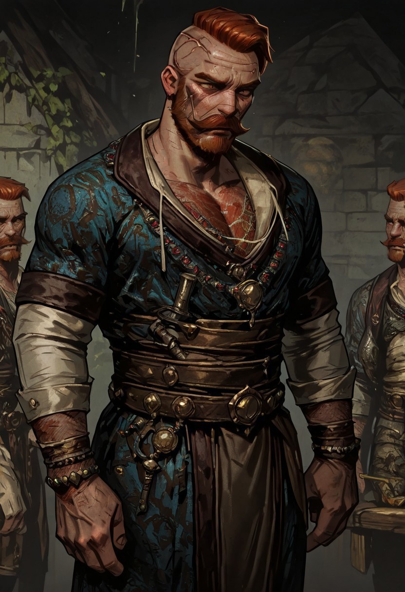 masterpiece, best quality, newest, absurdres, highres, TTCSV1.0, 1boy, solo, solo focus, OVEV1.1, redhead, red hair, facial hair, mustache, beard, scar, scar on face, jewelry, manly, chest hair, 