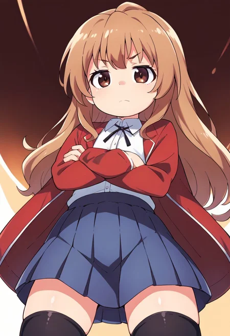 (zPDXL3), 
(zPDXLxxx), 
hiroki, 
1girl, 
solo, 
Aisaka_Taiga
brown_eyes, brown_hair, long_hair, flat_chest, pleated_skirt, blue_skirt, white_shirt, collared_shirt, black_thighhighs, black_ribbon, neck_ribbon, jacket, red_jacket,
crossed_arms,
from below,