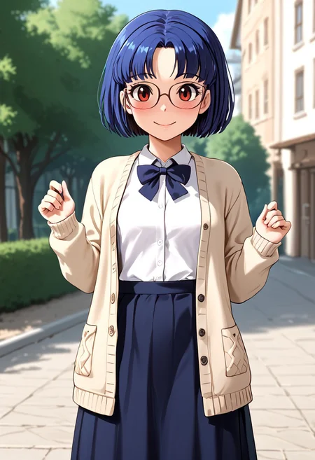 score_4,score_5,score_6,score_7_up,score_8_up,score_9 ((masterpiece,best quality,ultra detailed,highres,HD,4k:1.2)), 
1 girl,solo,face focus,
Fujiko.F.Fujio,,Eyelashes,
blue hair,glasses,red eyes,
Cardigan, shirt,open clothes, long skirt,
outdoors,
smile, blush,