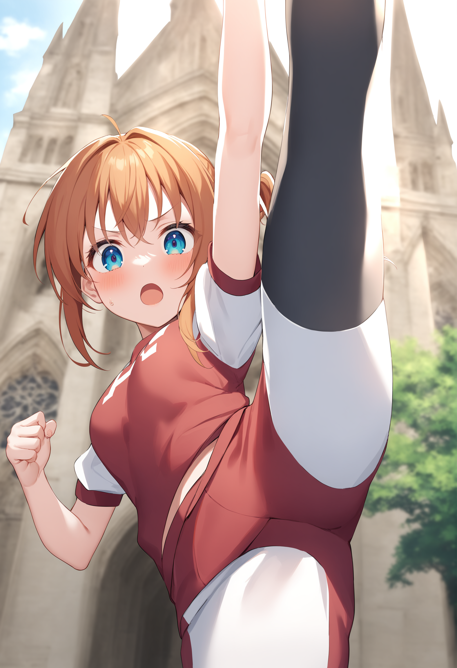 1girl,sincos, ningen mame, toosaka asagi,solo,medium breasts,gym uniform,pants,
axe kick, kicking, standing on one leg, leg up, high kick, standing split,<lora:axekick_XL_v1:0.8>
from behind, cowboy shot, looking down, orange hair, blue eyes,guilt, cathedral, open mouth, half updo hair,,
best quality, very aesthetic, absurdres