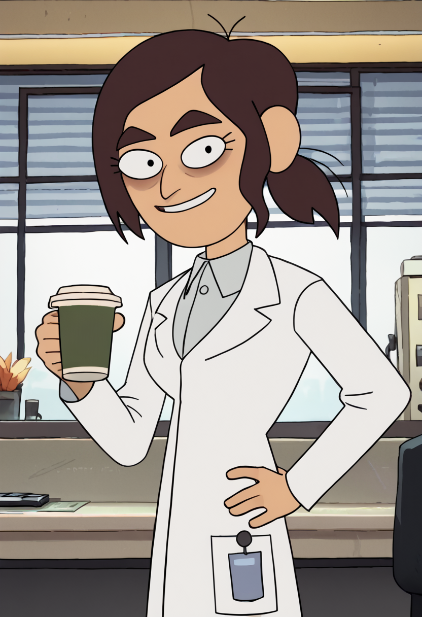 <lora:ReaganInsideJobPony1.0:1>  reaganij, 1girl, short ponytail, solo, brown hair, labcoat, grey shirt, indoors, thick eyebrows, looking at viewer,, score_9, score_8_up, score_7_up, score_6_up, score_5_up, score_4_up ,smile, holding, coffee cup, hand on own hip,