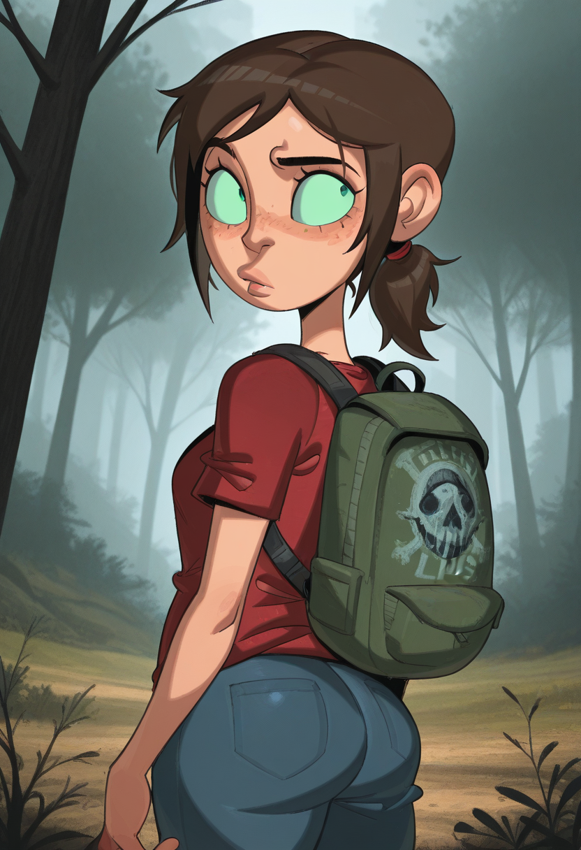 j0j0, masterpiece, best quality, solo, ellie\(the last of us\), green eyes, ponytail, freckles,  eyebrow raised, wooded area, trees, backpack,,  red shirt,