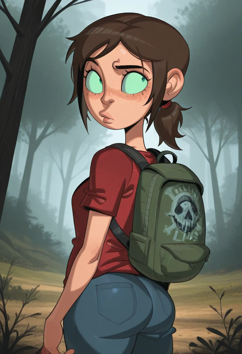 j0j0, masterpiece, best quality, solo, ellie\(the last of us\), green eyes, ponytail, freckles, eyebrow raised, wooded area, trees, backpack,, red shirt,