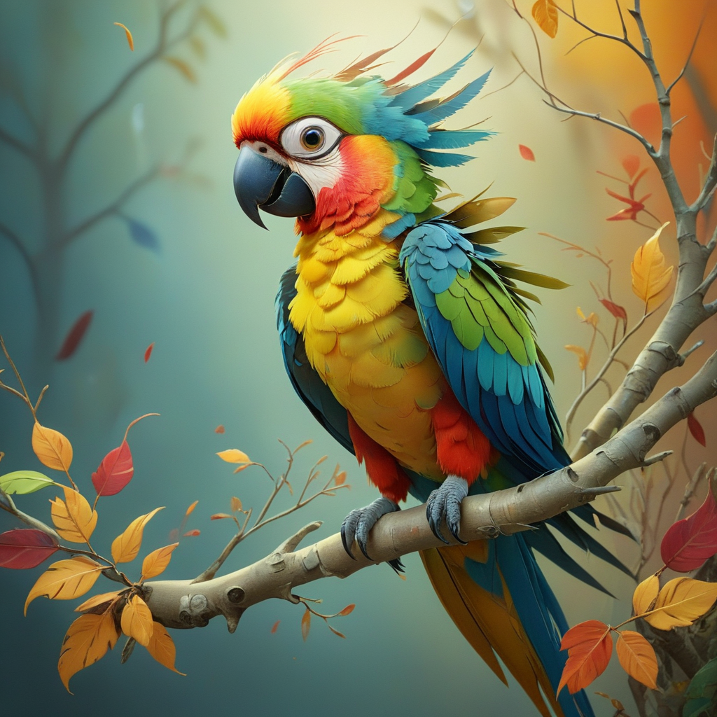 A vibrant and whimsical illustration of a colorful parrot perched on a branch. The parrot has large, expressive eyes and a variety of brightly colored feathers, including shades of blue, yellow, red, and green, giving it a playful and lively appearance. The background is softly blurred, with warm, golden hues and the subtle silhouettes of tree branches and leaves, creating a dreamy, magical atmosphere. Autumn leaves are scattered around the scene, some falling gently, adding to the sense of motion and life. The overall composition is charming and detailed, capturing the essence of the parrot in a fantastical, animated style
 <lora:artfullyBIRDS_SDXL_V1:.1> <lora:artfullyPAPERCUT_SDXL_V1:.8>, artbrdsprrt, artpprct <lora:artfullyECHELIER_SDXL_V1:.6>, artchlr