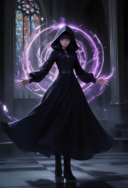 score_9, score_8_up, score_7_up, score_6_up, k9r0, Darmagmb, very aesthetic, detailed face, full body, action shot BREAK 1girl, 25 years old, action pose, dark aura, casting spell, magical, purple spell, purple magic, Spell rings, purple aura, dark aura, purple magic circles, cute face, purple eyes, skinny body, black hair, blunt bangs, hime cut, black dress, long dress, long sleeves, hood, cloak, boots BREAK indoors, old castle, hall with artifacts, old books,
