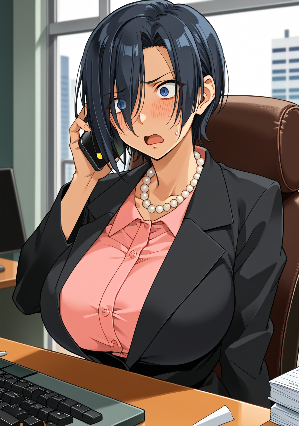 score_9, score_8_up, score_7_up, source_anime,high detail, detailed face,1girl,nakatsu,solo,(huge breasts:1.2),saggy breasts,mature famale,midium hair,hair between eyes, bangs,hair over one eye,black hair,blue hair,blue eyes,formal suit,black jacket,pink shirt, jewelry,pearl necklace,black pencil skirt,pantyhose,torn pantyhose,highheels,<lora:nakatsu:0.9>,office,depth of field,sunset,window,city scape,upper body,
BREAK computer,keyboard,paperwork, chair, sitting, sitting on the chair, office chair,work office,indoors,talking on phone, upper body, constricted pupils,(shaded face), sweatdrop,frown,<lora:talking_on_phone_v0.3-pony:1>,holding phone,shock,impact effects, shocked,(panic:1.2),surprised,sweat,blush,looking at moniter,open mouth