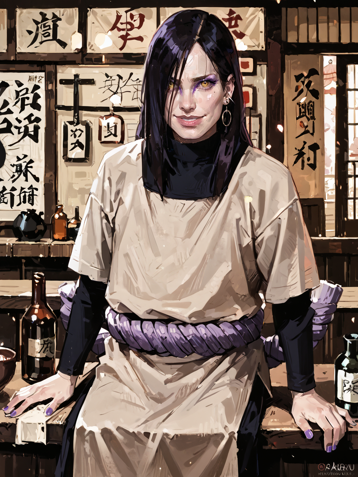 <lora:NarutoConceptStyle:0.8>, <lora:OrochimaruV1:0.8>, adult man, old, oroch1maru, yellow eyes, slit pupils, black hair, long hair, purple eyeliner, hair over one eye, pale skin, tan tunic, long sleeves, purple rope belt, purple nails, earrings, sitting, japanese village, japanese bar, sake bottle, indoors, solo, ninja, asian architecture, medieval, upper body, evil smile, <lora:AlexanderMandradjiev:0.8>, zPDXL3, score_9, score_8_up, score_7_up, score_6_up, score_5_up, score_4_up, realistic, real, hyper realistic, (source_real:1.3)