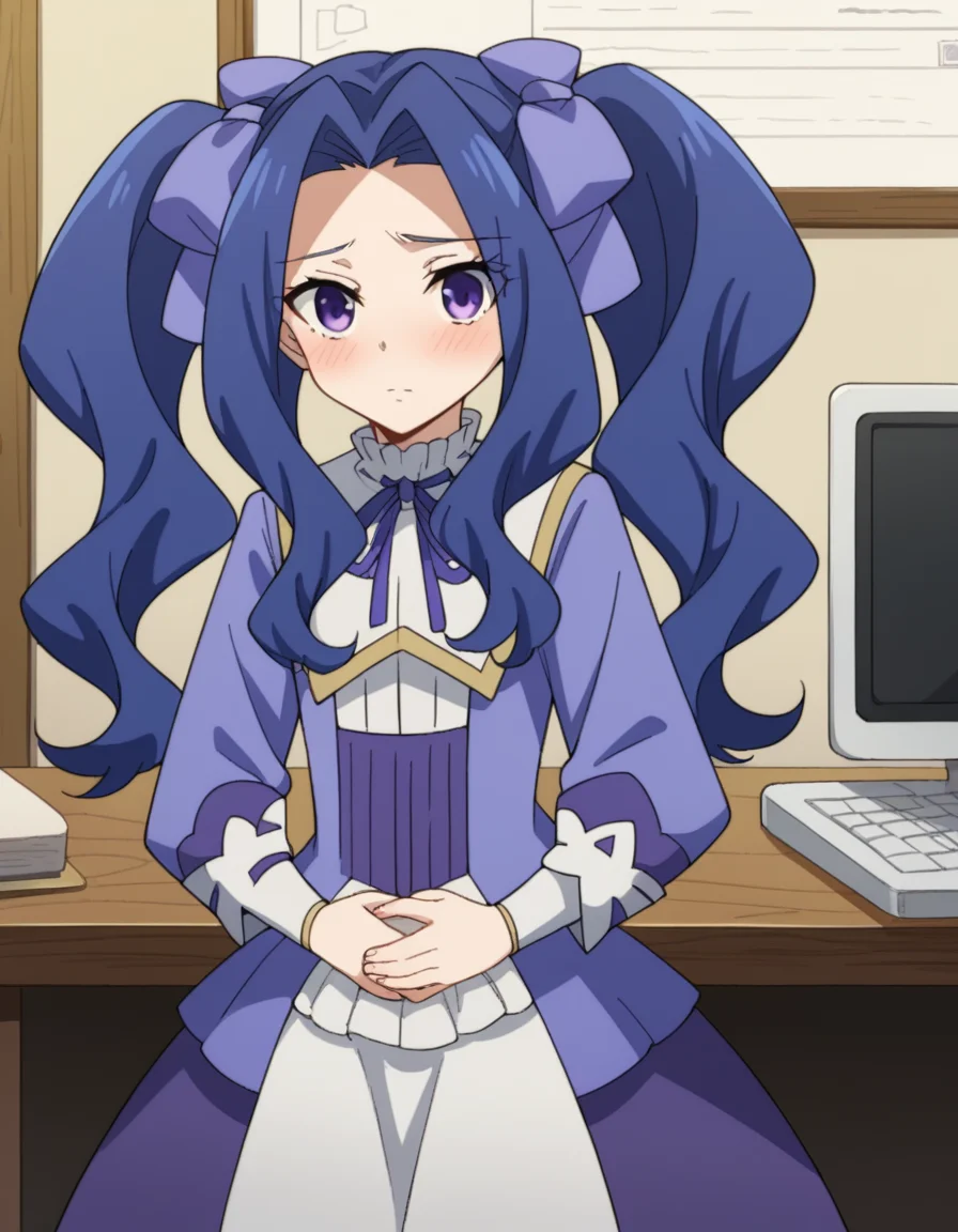 score_9, score_8_up, score_7_up, source_anime, <lora:melty-q-melromarc-s1-ponyxl-lora-nochekaiser:1>, melty q melromarc, long hair, ribbon, twintails, blue hair, purple eyes, hair ribbon, purple ribbon, parted bangs,, long sleeves, dress, frills, ribbon trim, purple dress,, cubicle, desk, computer, partition, workspace, , hands on stomach, blush,, looking at viewer, solo,, dutch angle, cowboy shot