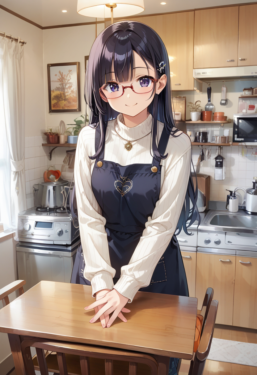 score_9, score_8_up, score_7_up, rating_safe, masterpiece, best quality, absurdres, unity 8k wallpaper, official art, official style, source_anime, uncensored, game cg, megami magazine,
1girl, solo, glasses, black hair, long hair, white ribbed sweater, black apron,  happy, smile, looking at viewer, own hands together,
JPkitchen, calendar (object), chair, indoors, scenery, window, sink, wooden table, lamp, kitchen, curtains, cabinet, clock, cofee mug, coffee, 
<lora:JP_kitchen_PONY_V1:1>