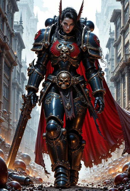 ultra realistic woman wearing NightL40K armor walking in a battlefield <lora:FluxNightL40K:0.9>