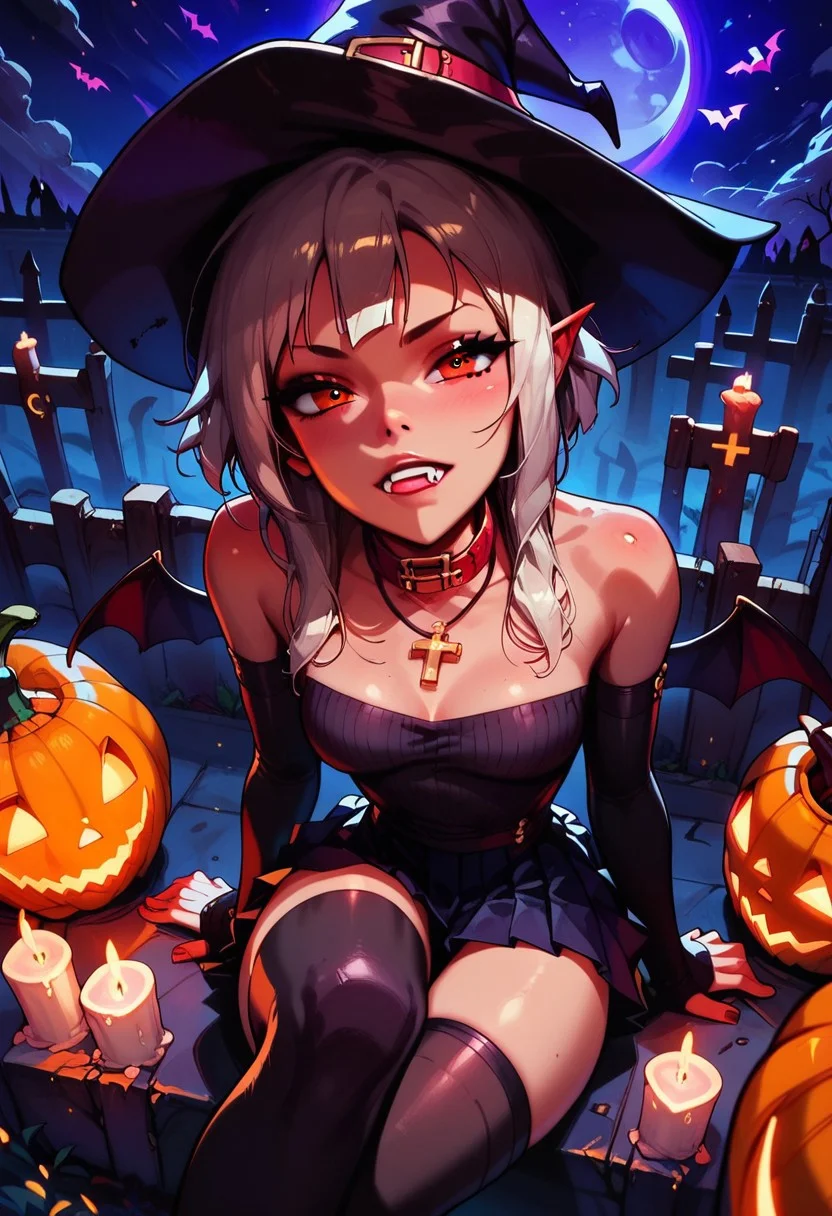 score_9, score_8_up, score_7_up, score_6_up.
break;
Ana, perfect face, witch, red eyes,
bobbed hair, white hair, black ribbon, orange witch hat, red collar, cross necklace, black off the shoulder knitted sweater, pleated skirt, thigh highs, elbow sleeves,
Break;
Ana is sitting legs crossed on a headstone in a haunted graveyard, (Halloween night), dark, shadows, from above. Floating ghosts, fog, candle light, night sky, enchanted moon, (pumpkins), (jack-o-lanterns).
Break;
easynegative, Expressiveh, g0thicPXL, glowing, neon,