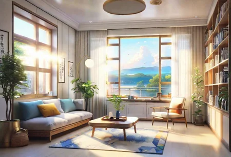 anime-style, modern-style interior, with white walls and large windows, Nordic-style furniture, a  study, Sofa, coffee table, bookcase, single wall, 
warm light morning sun, the view of the city