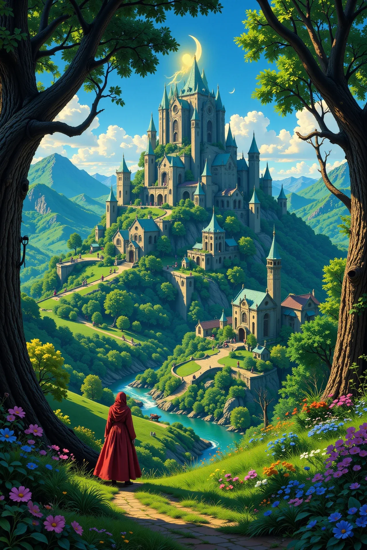 a druid city beautiful  landscape, noon, woman, very intricate, very detailed, sharp, bright, colorful, <lora:Hand v2:0.5> <lora:Anti-Blur:1><lora:Insane Detail Slider:0.25>  <lora:flux.1_lora_flyway_Epic-detail_v2:0.3> <lora:fluxenhancer:0.25> <lora:Anime_style:0.6> anime style