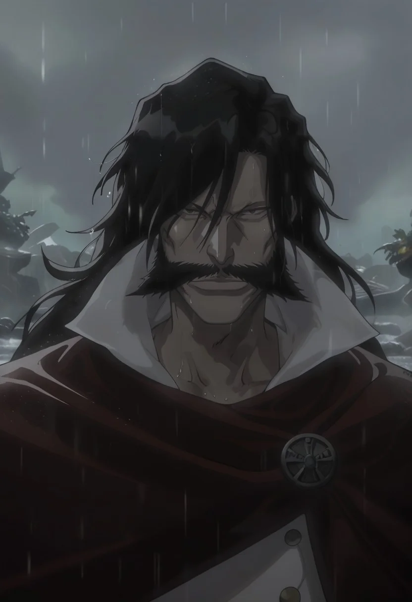 score_9, score_8_up, score_7_up, YHWHSDXL11, black hair, long hair, red eyes, mustache, white overcoat, white pants, crimson cape, upper body, rain <lora:YhwhXL2:1.0>