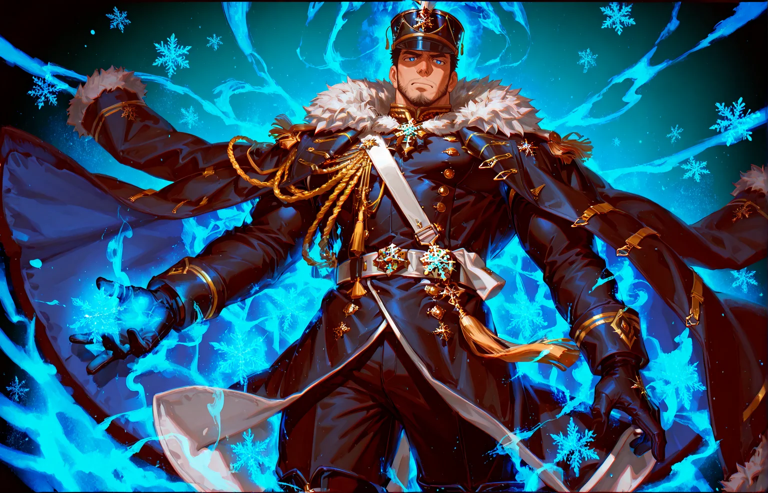 <lora:concept_ããã¬ã¤ã³energy_drain_v2:.8>,energy drain, from below,
<lora:face_Edwin__Alchemist_Code-000004:.7>, tagatameedwin, 1boy, black hair, dark blue eyes, short hair, solo, male focus, manly, bara, mature male, muscle body, shako hat, fur trim, snowflakes pin, coat, aiguillette, shirt, sash, gloves, glowing pattern, tassel, pants, boots,
cowboy shot,
(very short hair, beard, bara, mature, facial hair, stubble, beard, full beard, sideburn, beard, a lot of beard, ), facial hair,male focus, muscular male, muscular male, bara, mature, bara, mature, aixiwuganda_(20222192), very awa, masterpiece, best quality, absurdres, newest, perfect quality, detailed background, intricate details,
<lora:slider_Body Type_alpha1.0_rank4_noxattn_last:3><lora:Anime Summer Days 2 Style SDXL_LoRA_Pony Diffusion V6 XL:.6><lora:slider_cfg_scale_boost:.7><lora:Artist6p:.55>, Artist6p, Artist04p,<lora:slider_il_brightness_slider_d1:-1><lora:slider_il_contrast_slider_d1:-1><lora:slider_DarkSlider1.2_alpha1.0_rank16_full_300steps:-.6><lora:slider_contract_controller_illus01_v1:.5>,