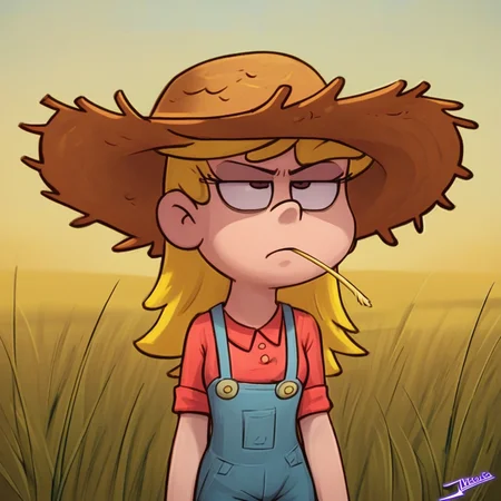 Jhiacco, Woman looking up, Straw Hat, Standing in a Field, Midday Glare, Cowboy Shot, 1girl, SFW