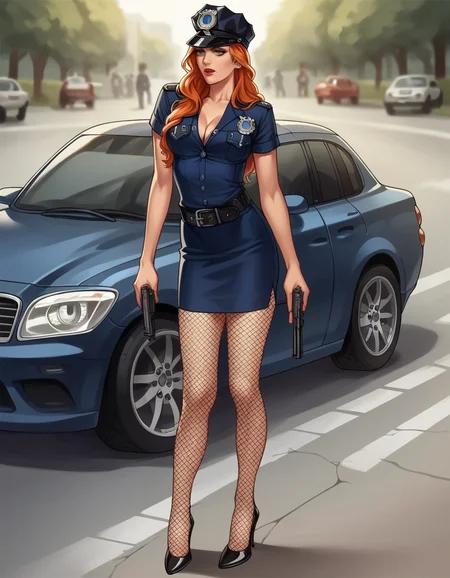score_9, score_8_up, score_7_up, score_6_up, score_5_up, score_4_up, source_anime, best quality, 1girl, makeup, lipstick, ginger hair, hud_plce_wmn, short blue dress, short sleeves, belt, police hat, fishnets, high heels, badge, buttons, gun, <lora:policewoman-000007:0.6>, street, car, outdoors