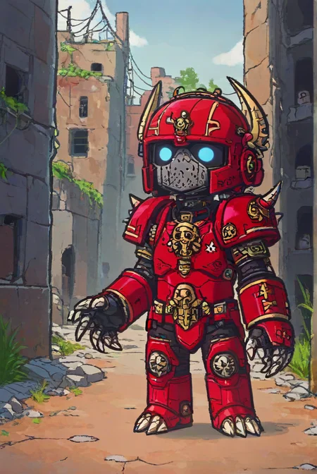score_9,score_8_up,<lora:Turbo_XL:1>,<lora:Xinzoruo:1>,chibi,helmet,adeptus astartes,warhammer 40k,post-apocalypse,ruins,abandoned city background,mecha claws,gauntlets,, maximum details