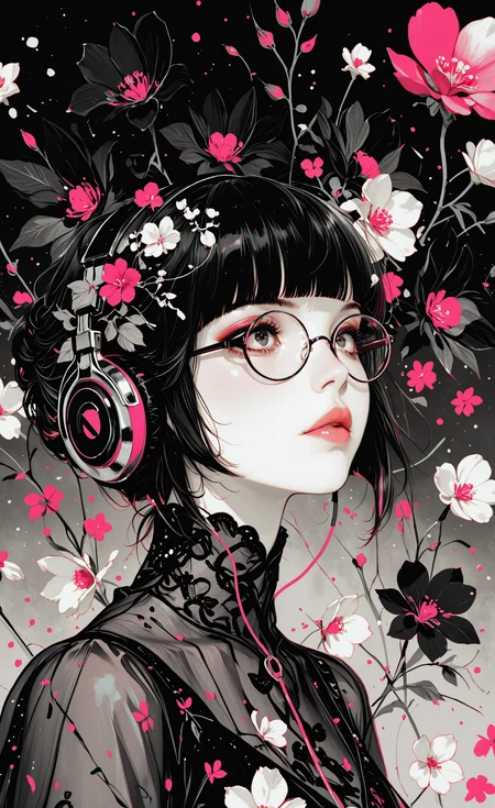 1girl, solo, short hair, black hair, upper body, flower, glasses, blunt bangs, lips, headphones, round eyewear