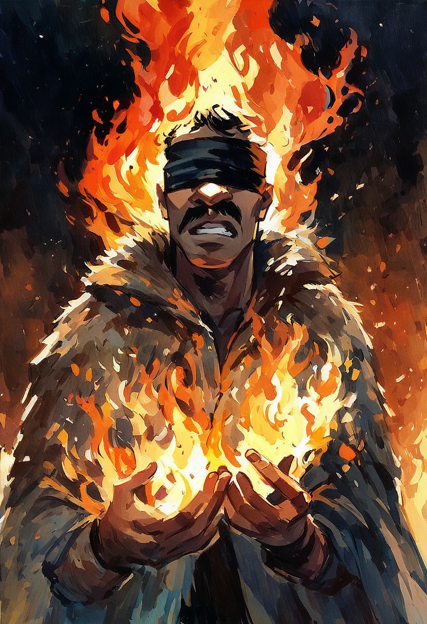 score_9, score_8_up, score_7_up, score_6_up, 1boy, watercolor painting, cowboy shot, (hispanic), Italian man, solo, blindfolded, wearing fur coat, ((hands are on fire)), dark background, shadows, in pain, bare chest
expressive, teeth
black linework, black hair, mustache